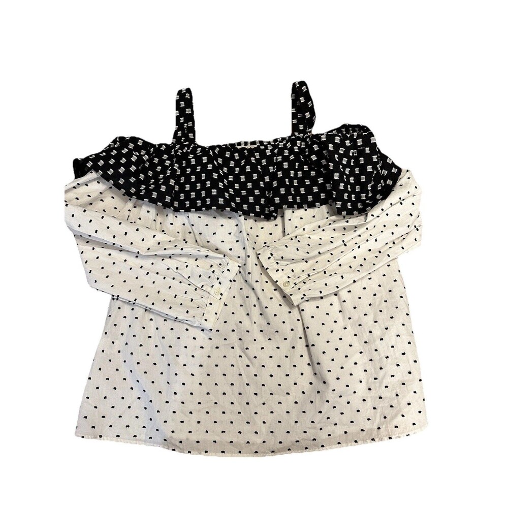 Ann Taylor Loft Black White Color Block Swiss Dot Cold Shoulder Top Blouse Small